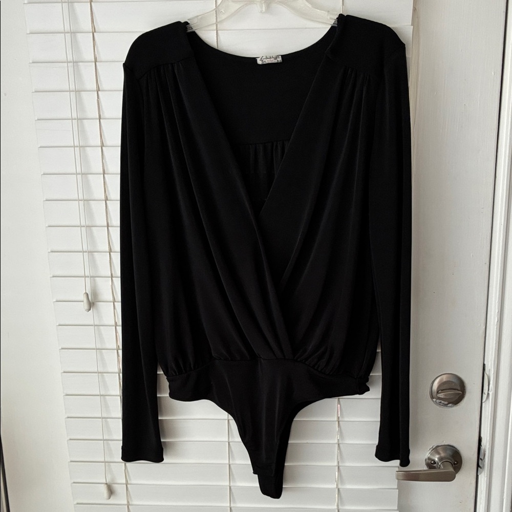 Intimately by Free People Body Suit Top Black Faux Wrap Long Sleeve Deep V SZ L